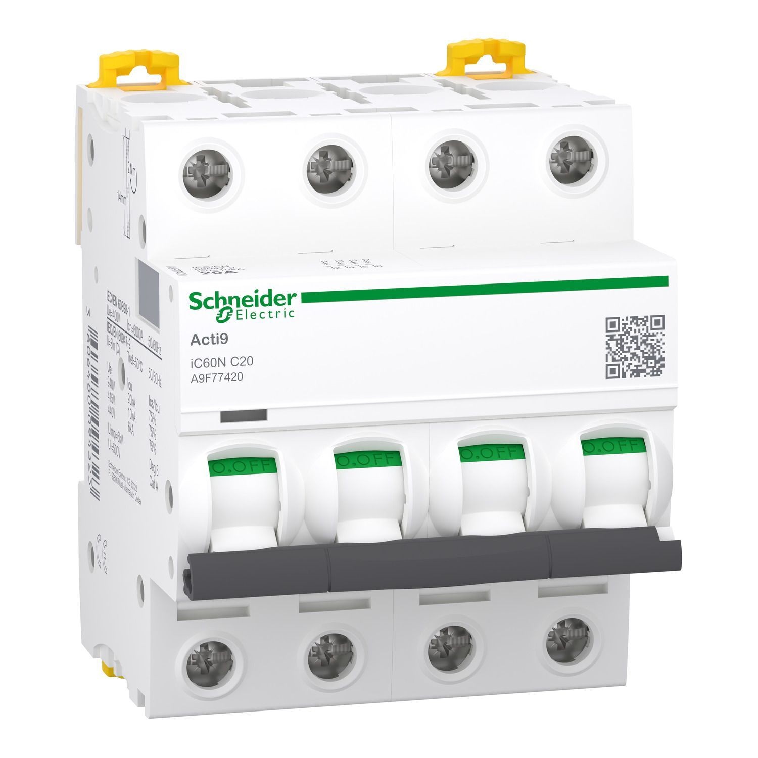 Disjoncteur tétrapolaire 4P 20A Courbe C - 4 modules - 10kA - Schneider Electric Acti9 iC60N